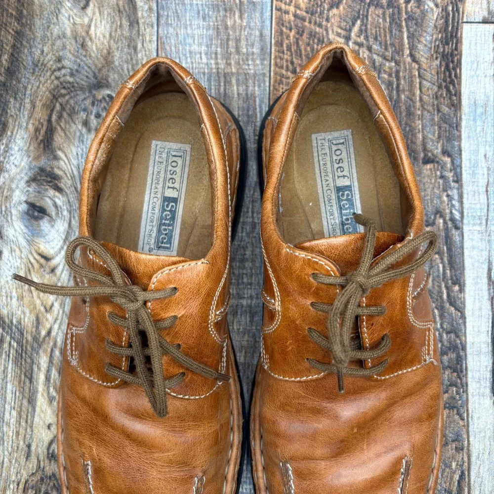 Josef Seibel Mens 10 Brown Leather Shoes Comfort Casual Lace Up Square Toe Brown